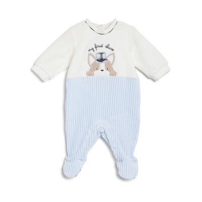 Boys White and Light Blue Applique Leg Opening Babysuit